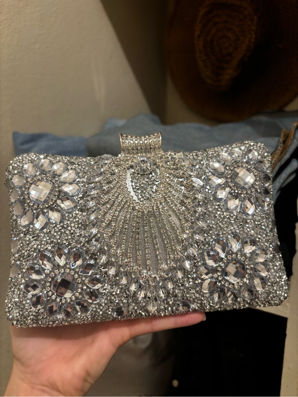 Silver Crystal Embellished Evening Clutch Bag